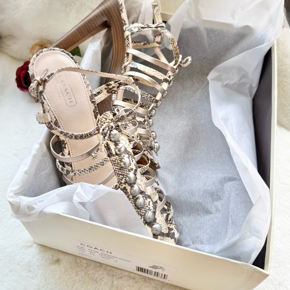 Great Shape!Coach SARAFINA SNAKE STRAPPY HEELS with bow & Studs Cream  and Tan!